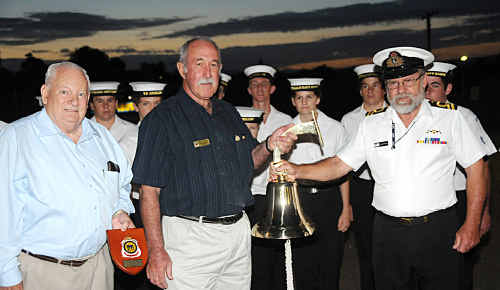 RSL sub branch secretary Bob Stretton and president Ivan Friske donate a bell to Lt Dave Petherick on behalf of the Gympie Navy Cadets. RSL sub branch secretary Bob Stretton and president Ivan Friske donate a bell to Lt Dave Petherick on behalf of the Gympie Navy Cadets.